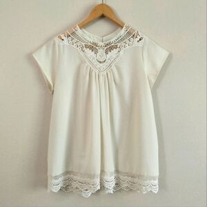 Women's Downeast Off White Lace Blouse Cap Sleeve, Size M